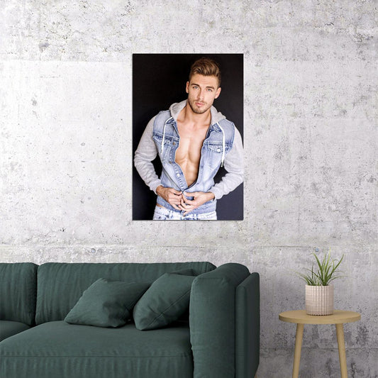 Denim Hooded Cardigan Sexy Male Model Fashion Poster Wall Art Print Home Wall Decor - xonomax