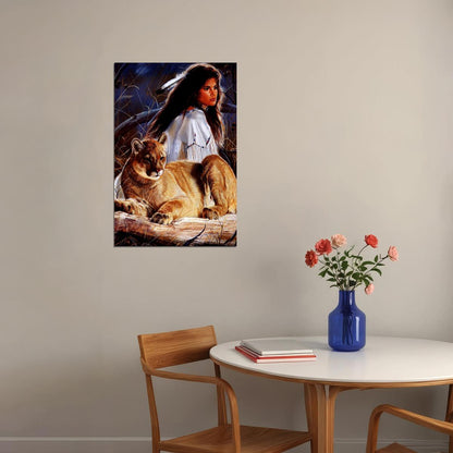 Indian Girl And Female Lion Nature Poster Wall Art Print Home Wall Decor - xonomax