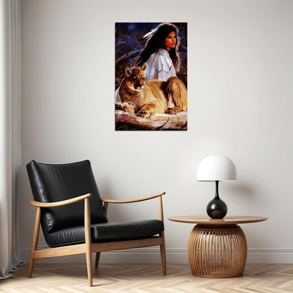 Indian Girl And Female Lion Nature Poster Wall Art Print Home Wall Decor - xonomax