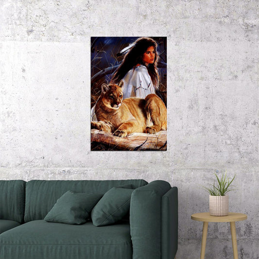Indian Girl And Female Lion Nature Poster Wall Art Print Home Wall Decor - xonomax