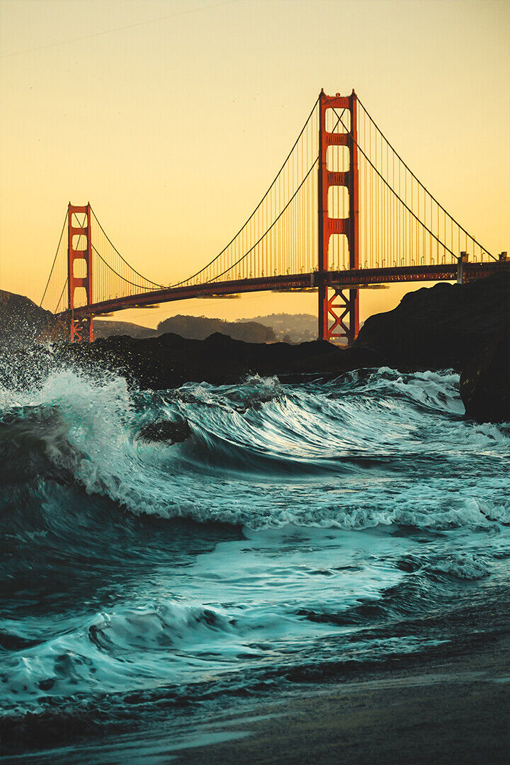 Waves Crashing On The Shores Under Golden Gate Bridge Poster Wall Art Print Home Wall Decor