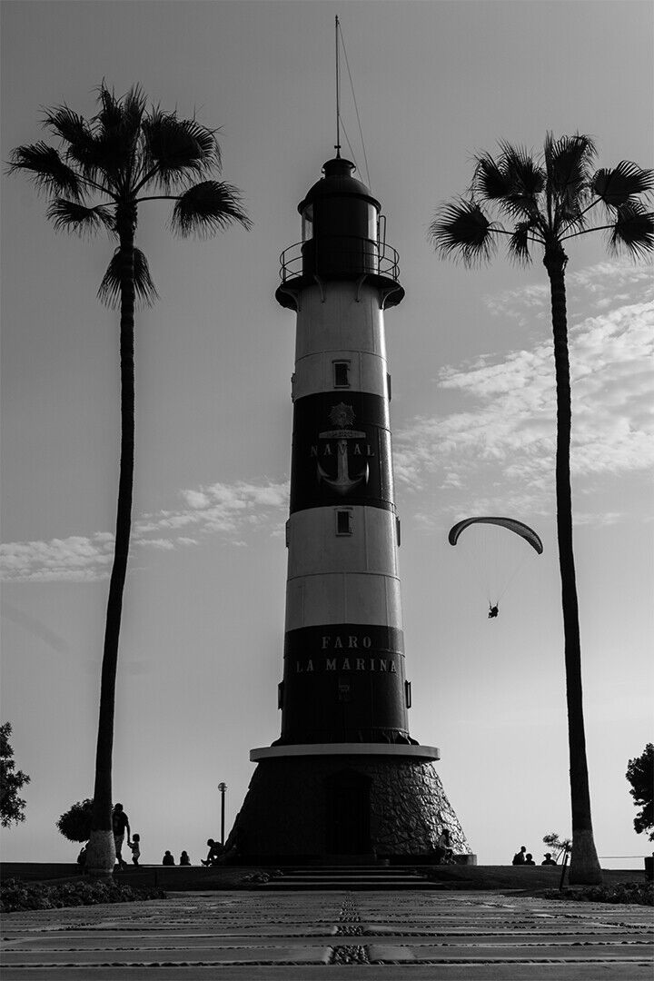 Monochrome Photo Of Lighthouse Between Palm Trees Poster Wall Art Print Home Wall Decor