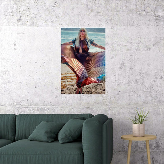 Lady Gaga On Beach Color Rainbow Dress Music Singer Poster Wall Art Print Home Wall Decor