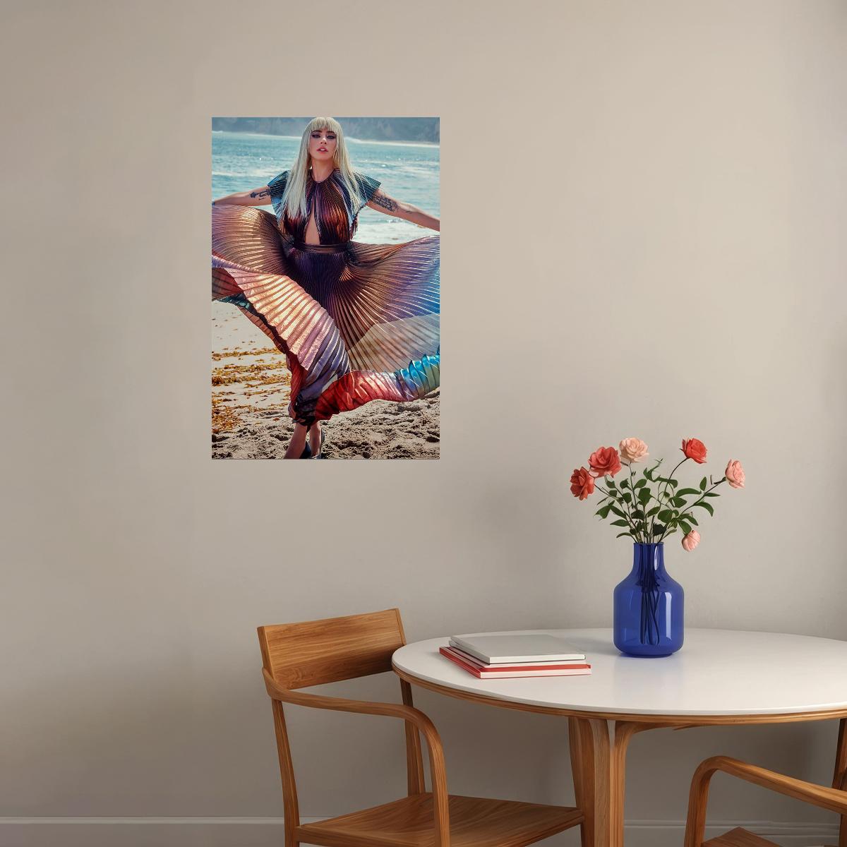 Lady Gaga On Beach Color Rainbow Dress Music Singer Poster Wall Art Print Home Wall Decor
