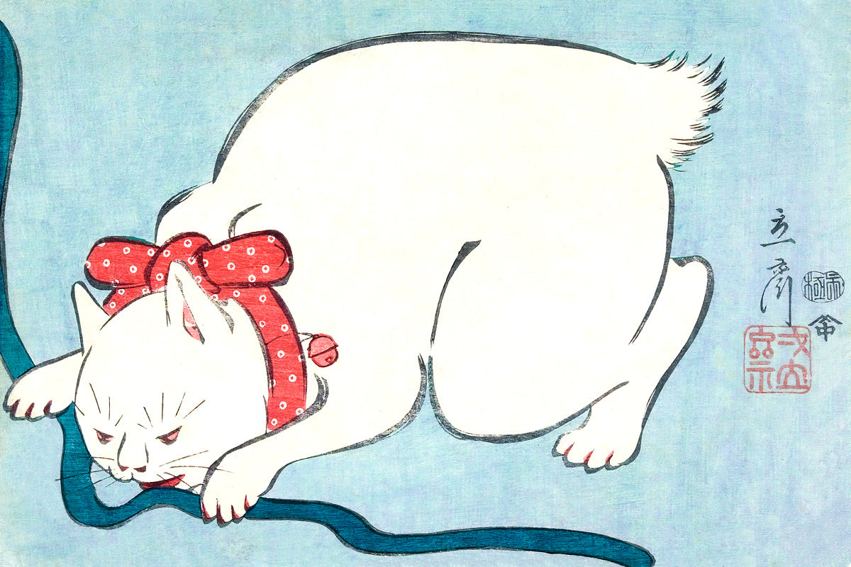 White Cat With A Red Bow Japanese Traditional Poster