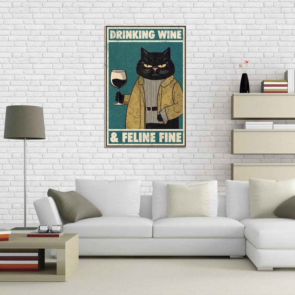 Drinking Wine Feline Fine Intelligent Cat with Wine Vintage Art Poster