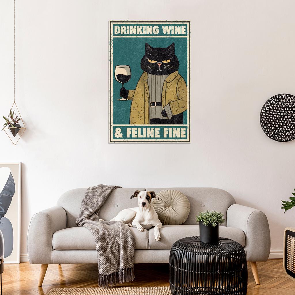Drinking Wine Feline Fine Intelligent Cat with Wine Vintage Art Poster