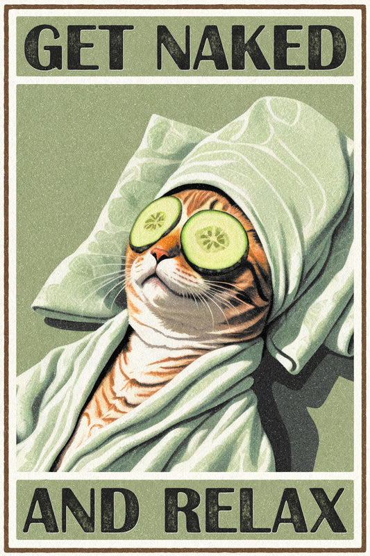 Get Naked And Relax Funny Cat at Spa Vintage Art Poster