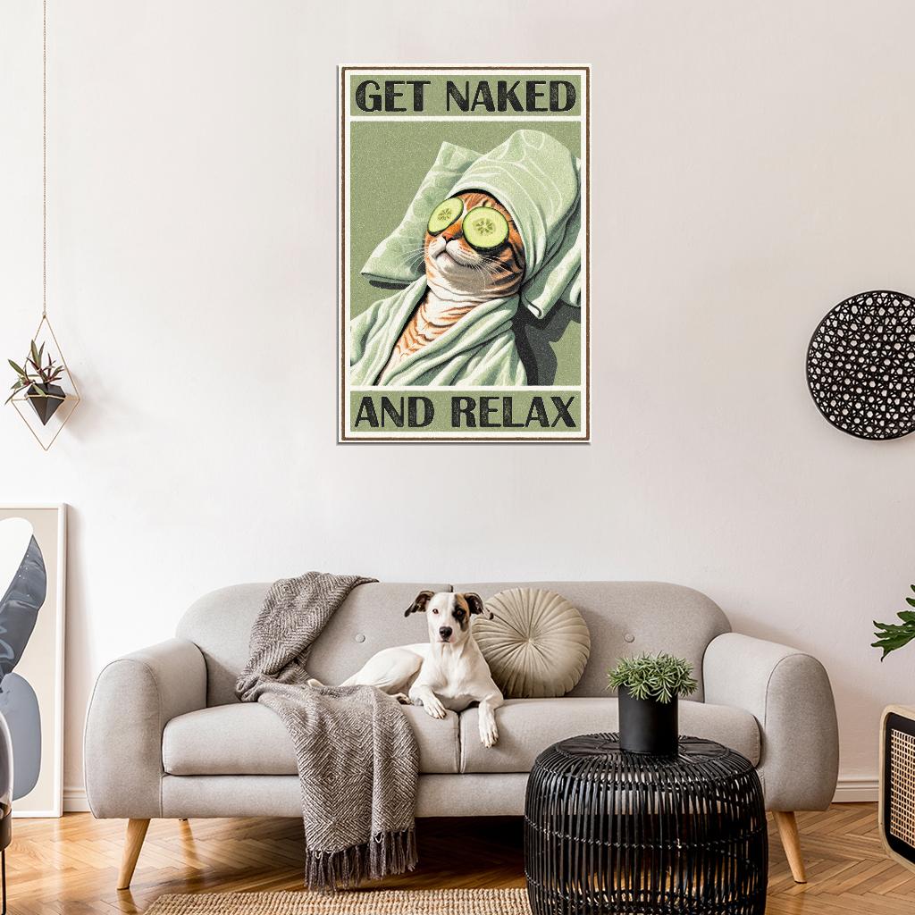 Get Naked And Relax Funny Cat at Spa Vintage Art Poster