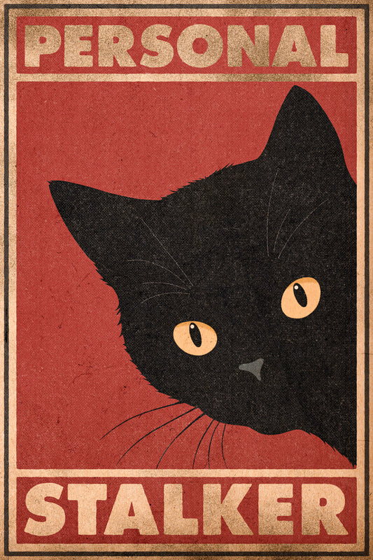 Personal Stalker Funny Black Cat Red Background Vintage Art Poster