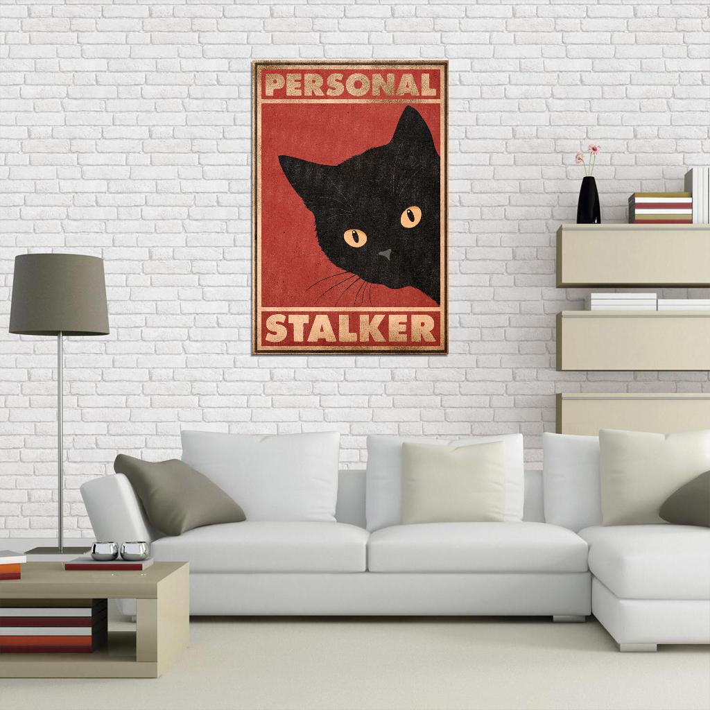 Personal Stalker Funny Black Cat Red Background Vintage Art Poster