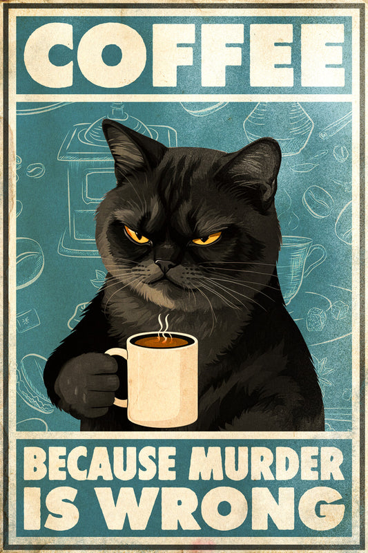 Coffee Because Murder Is Wrong Cat Vintage Art Poster