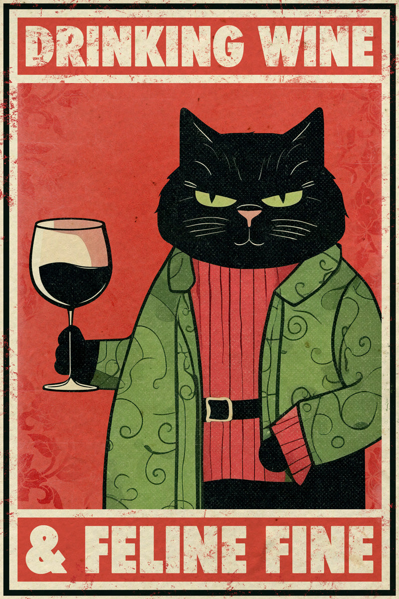 Drinking Wine Feline Fine Funny Black Cat Vintage Art Poster