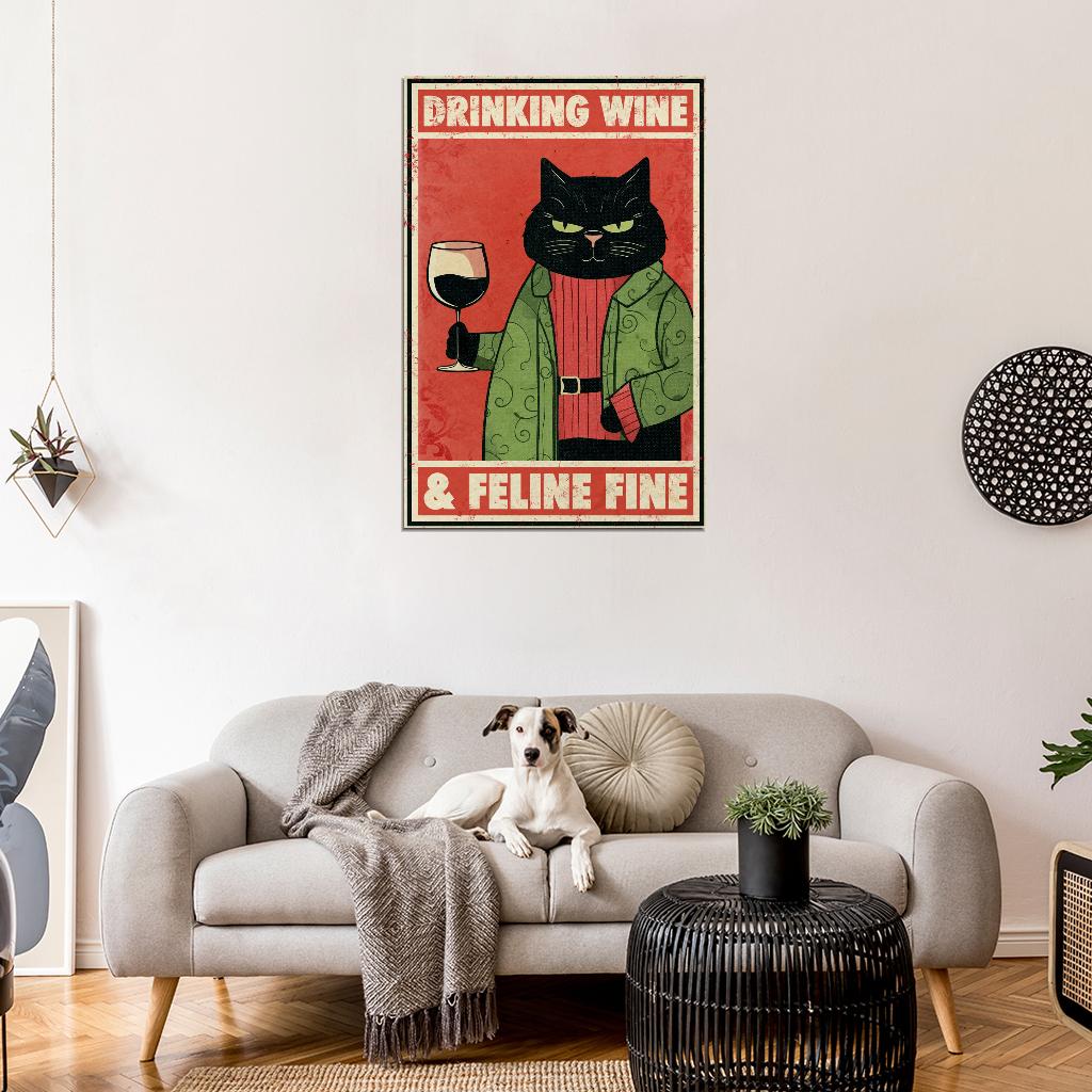 Drinking Wine Feline Fine Funny Black Cat Vintage Art Poster