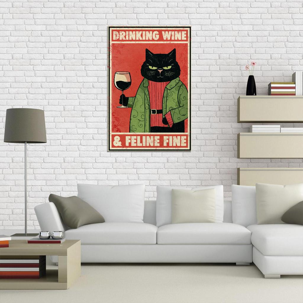 Drinking Wine Feline Fine Funny Black Cat Vintage Art Poster