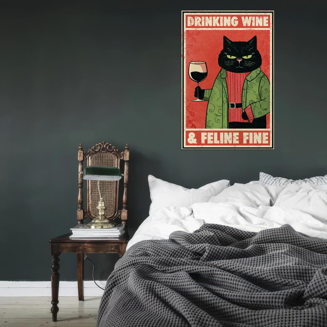 Drinking Wine Feline Fine Funny Black Cat Vintage Art Poster