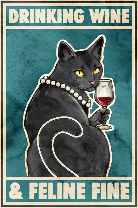 Drinking Wine Feline Fine Funny Black Cat Vintage Art Poster