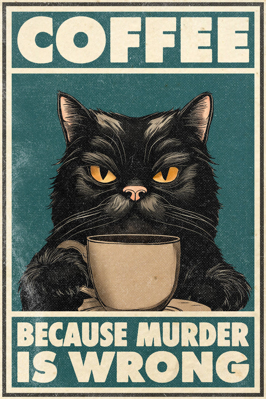 Coffee Because Murder Is Wrong Funny Black Cat Vintage Art Poster - xonomax