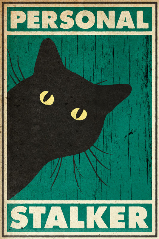 Personal Stalker Funny Black Cat Vintage Art Poster - xonomax
