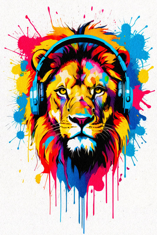 Lion In Headphones Animal Abstract Colorful Art Poster