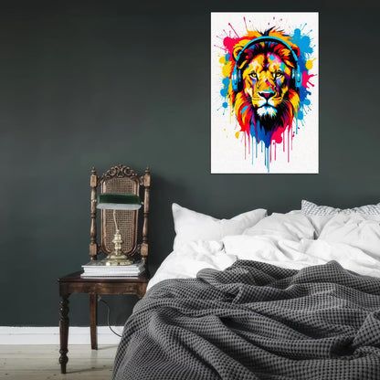 Lion In Headphones Animal Abstract Colorful Art Poster