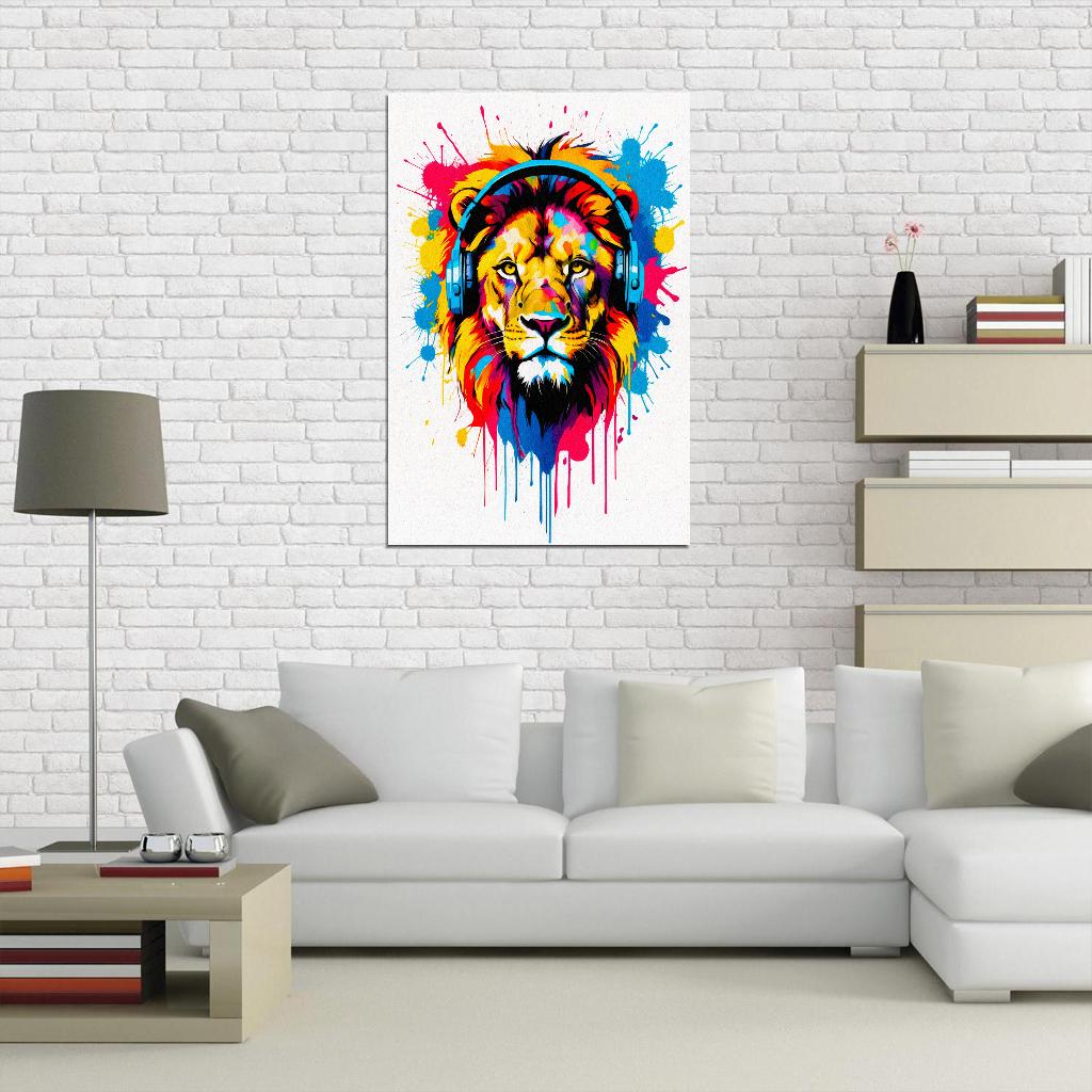 Lion In Headphones Animal Abstract Colorful Art Poster