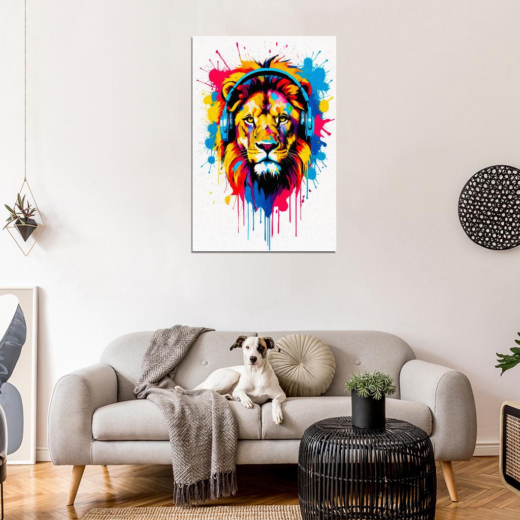 Lion In Headphones Animal Abstract Colorful Art Poster