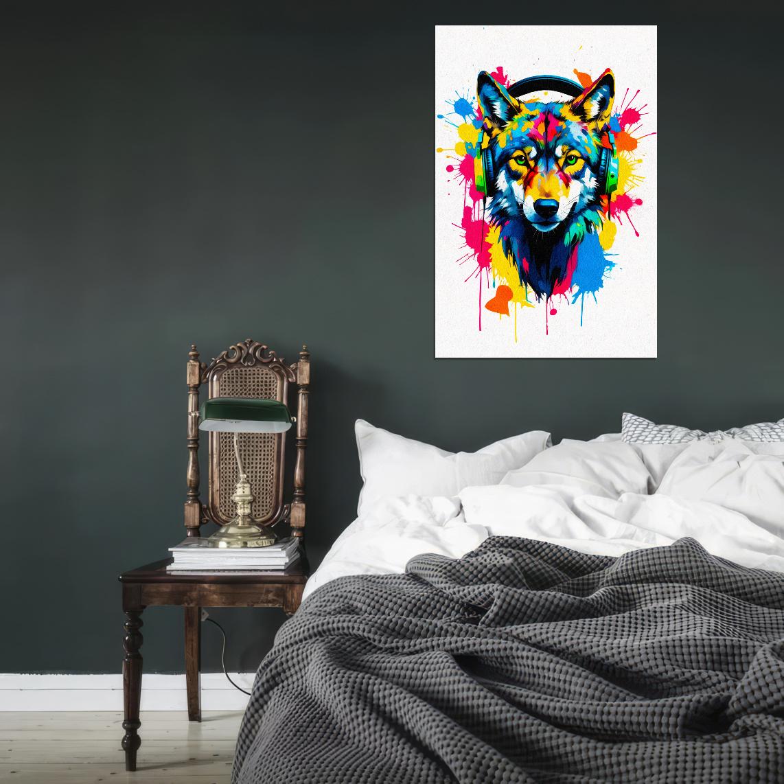 Wolf In Headphones Animal Abstract Colorful Art Poster