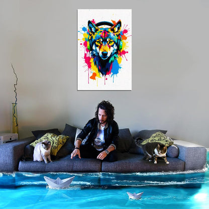 Wolf In Headphones Animal Abstract Colorful Art Poster