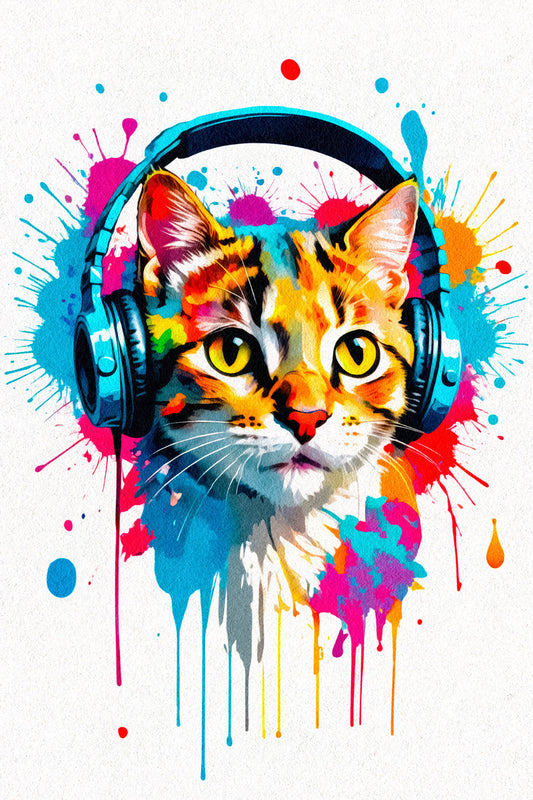 Kitten In Headphones Animal Abstract Colorful Art Poster