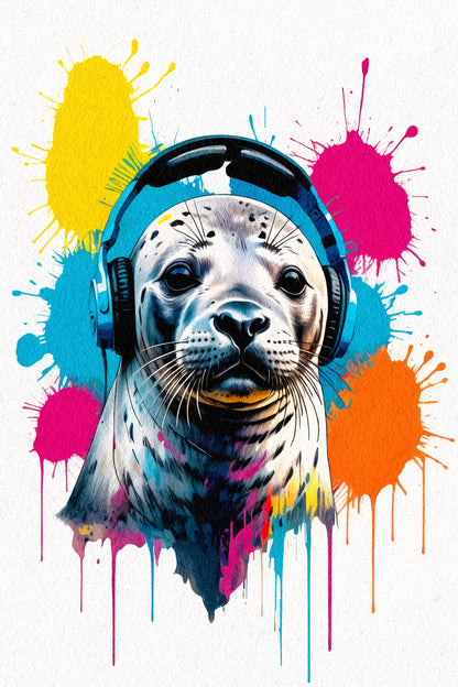 Seal In Headphones Animal Abstract Colorful Art Poster