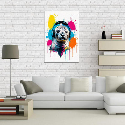 Seal In Headphones Animal Abstract Colorful Art Poster
