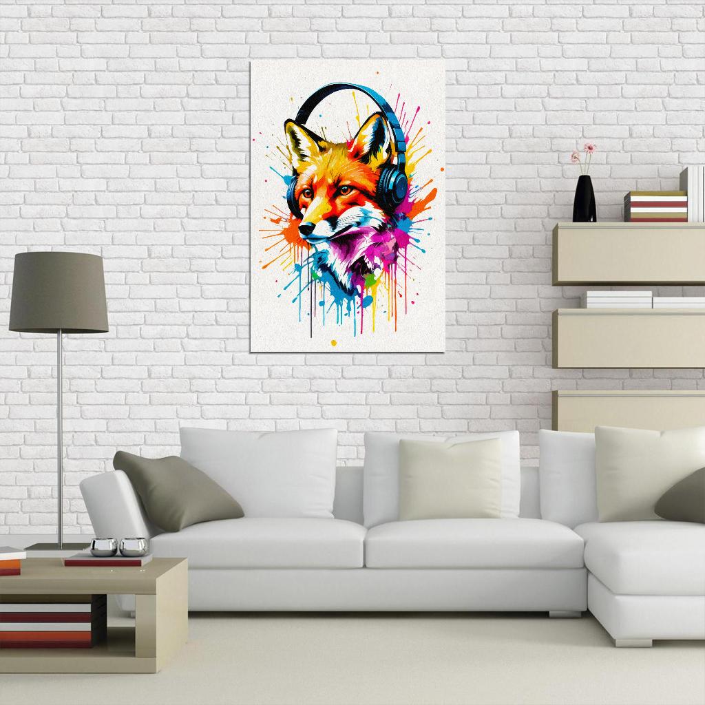 Fox In Headphones Animal Abstract Colorful Art Poster