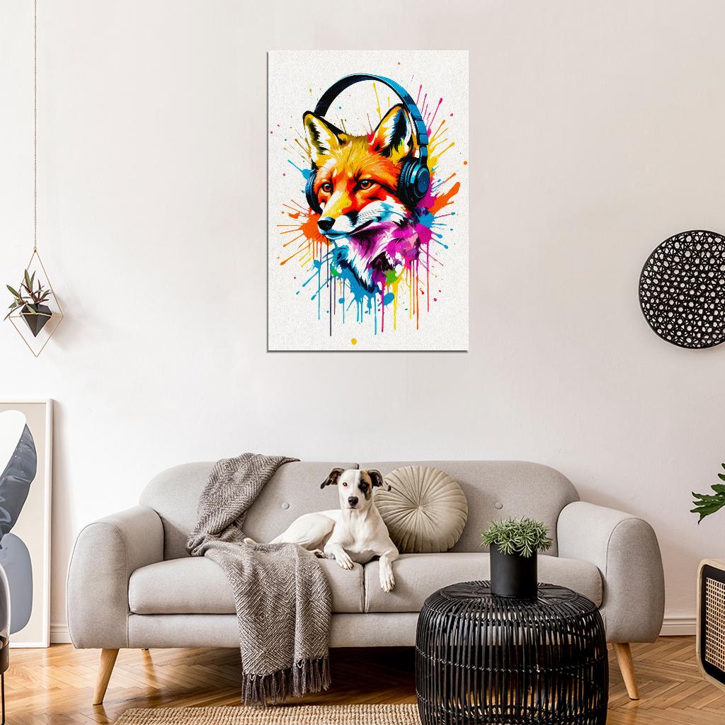 Fox In Headphones Animal Abstract Colorful Art Poster