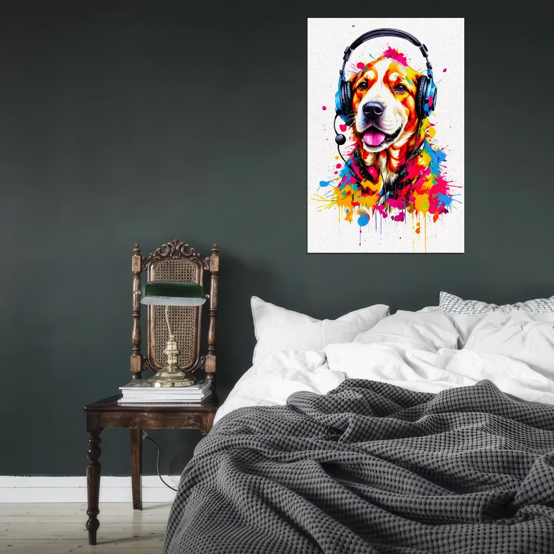 Dog In Headphones Animal Abstract Colorful Art Poster