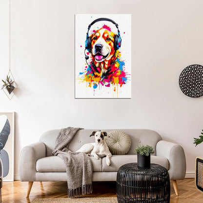 Dog In Headphones Animal Abstract Colorful Art Poster