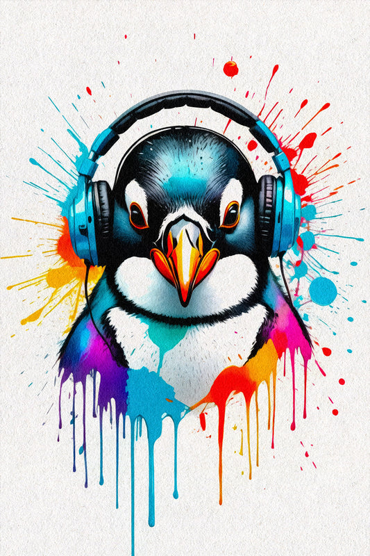 Penguin In Headphones Animal Abstract Colorful Art Poster