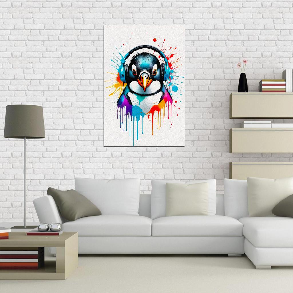 Penguin In Headphones Animal Abstract Colorful Art Poster