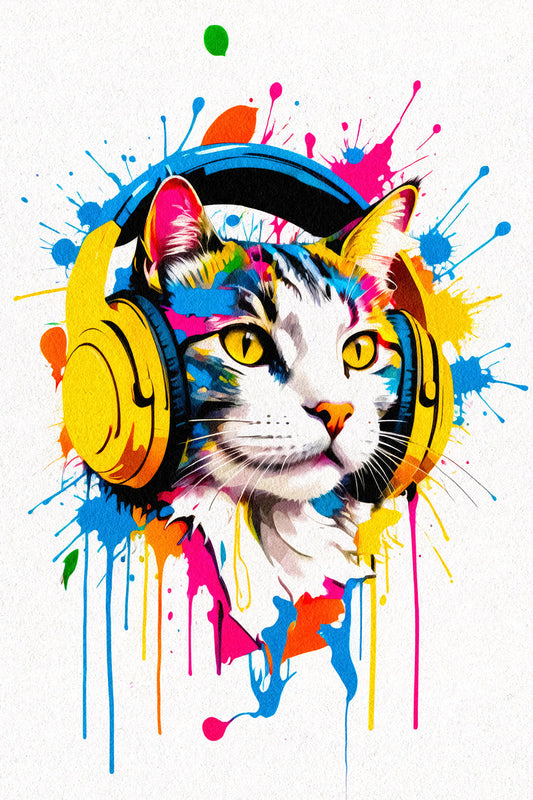 Cat In Headphones Animal Abstract Colorful Art Poster