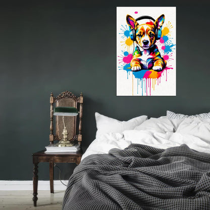 Puppy In Headphones Animal Abstract Colorful Art Poster