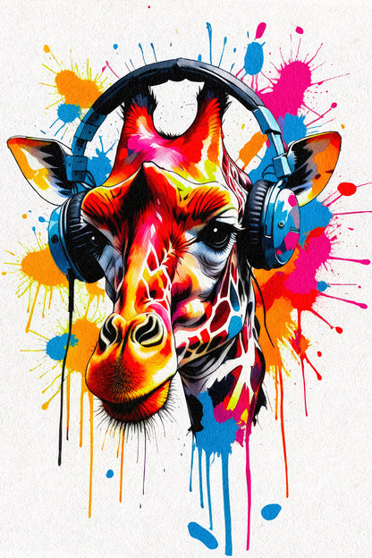 Giraffe In Headphones Animal Abstract Colorful Art Poster