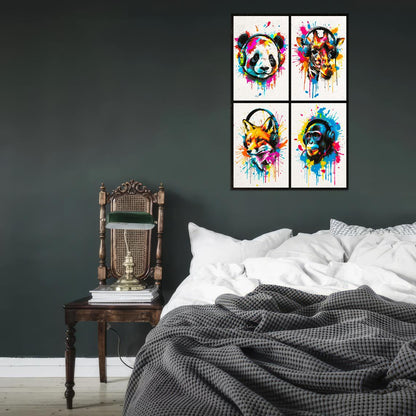 4 Set Animals In Headphones Panda Giraffe Fox Monkey Abstract Colorful Art Poster