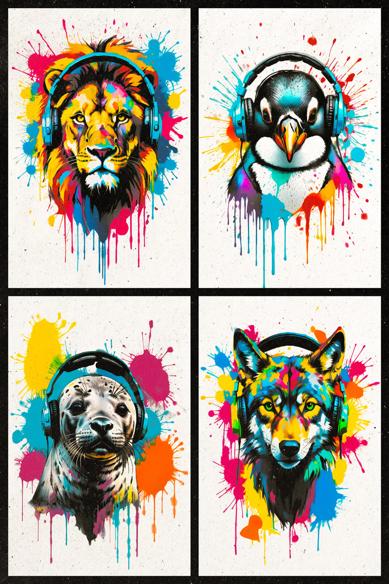 4 Set Animals In Headphones Lion Penguin Seal Wolf Abstract Colorful Art Poster