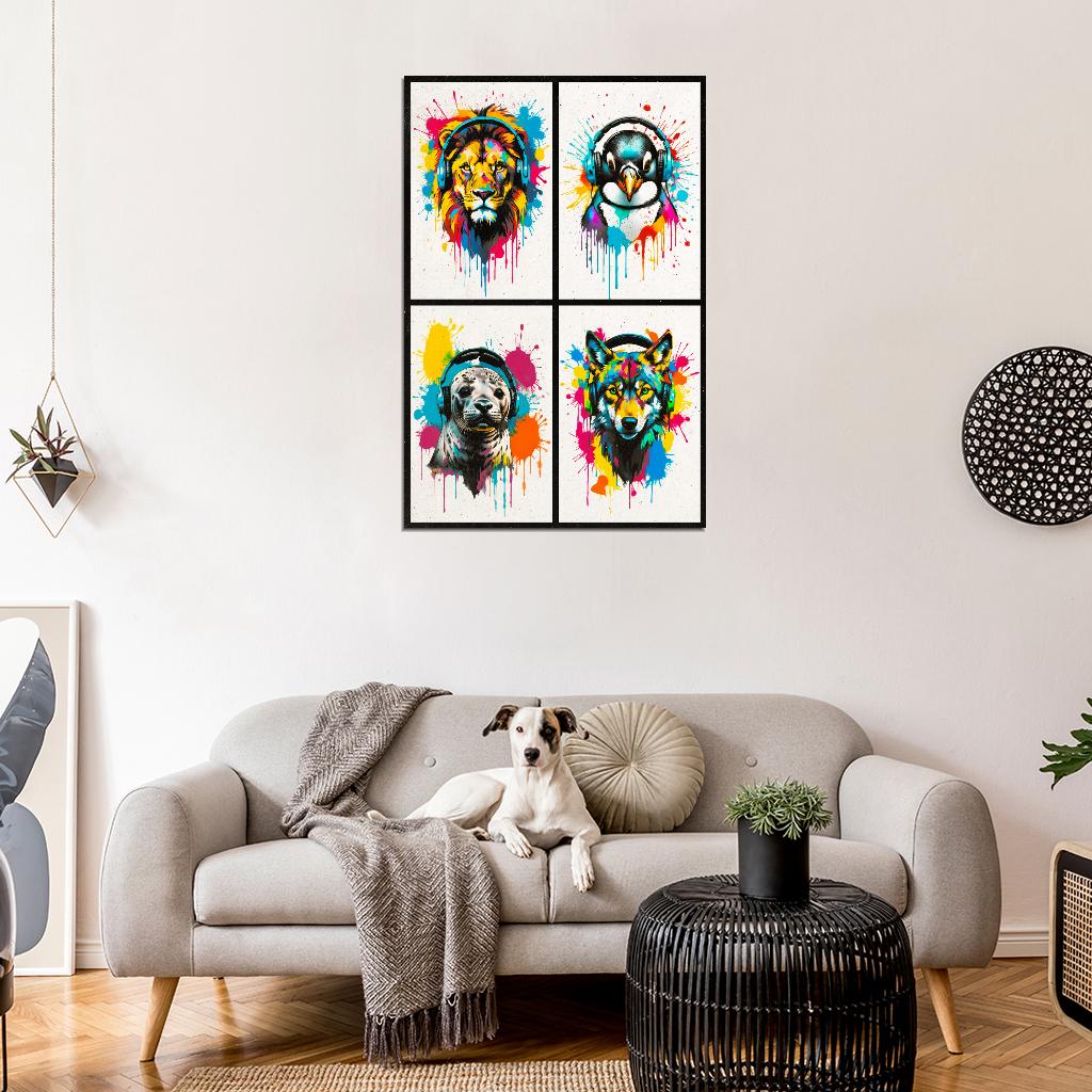 4 Set Animals In Headphones Lion Penguin Seal Wolf Abstract Colorful Art Poster