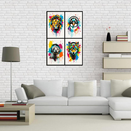 4 Set Animals In Headphones Lion Penguin Seal Wolf Abstract Colorful Art Poster