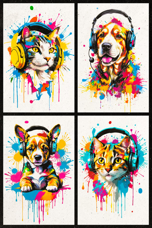 4 Set Animals In Headphones Cat Dog Puppy Kitten Abstract Colorful Art Poster