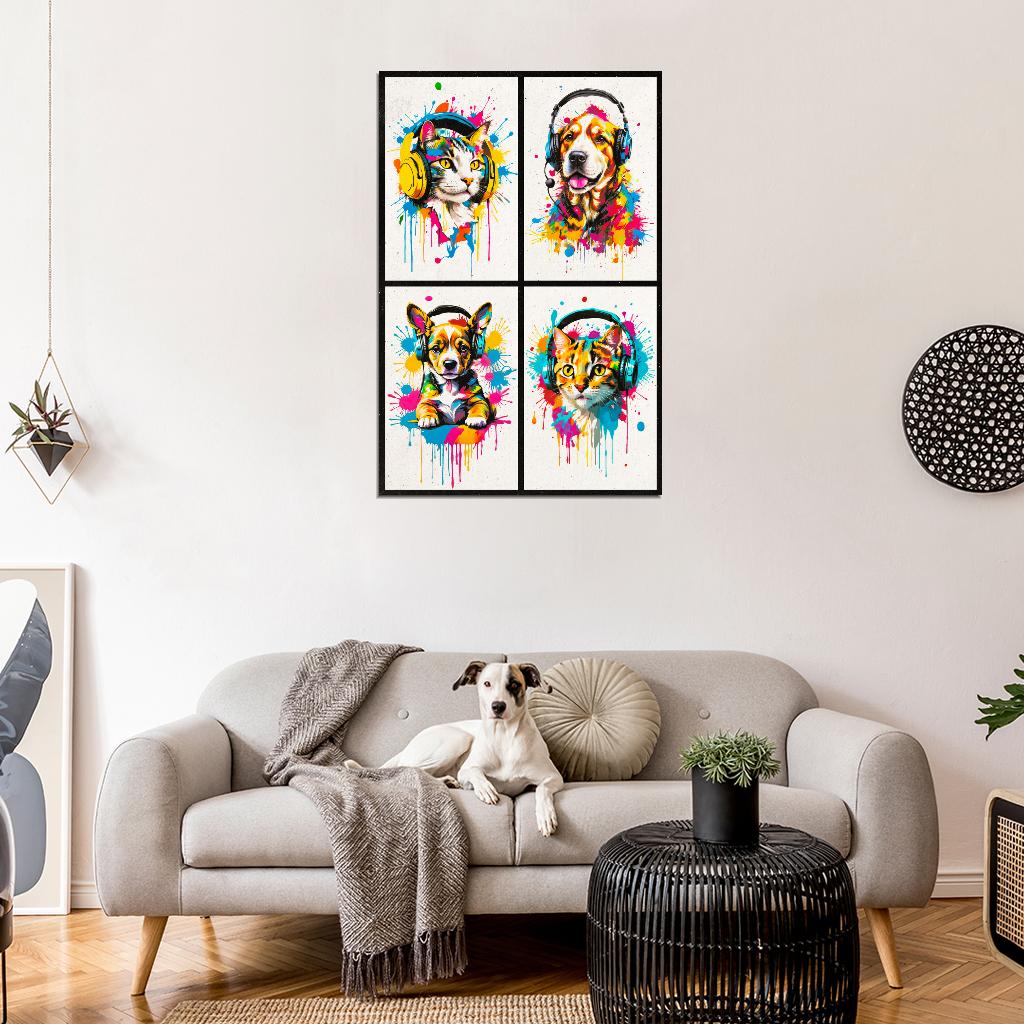 4 Set Animals In Headphones Cat Dog Puppy Kitten Abstract Colorful Art Poster