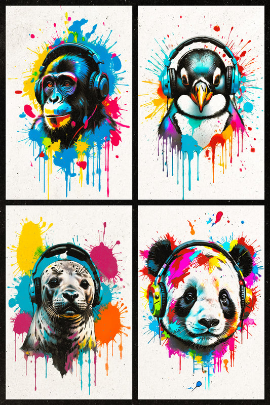 4 Set Animals In Headphones Monkey Penguin Seal Panda Abstract Colorful Art Poster