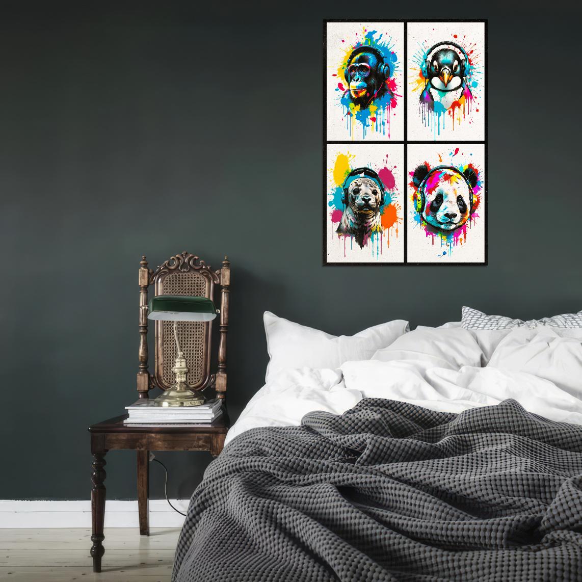4 Set Animals In Headphones Monkey Penguin Seal Panda Abstract Colorful Art Poster