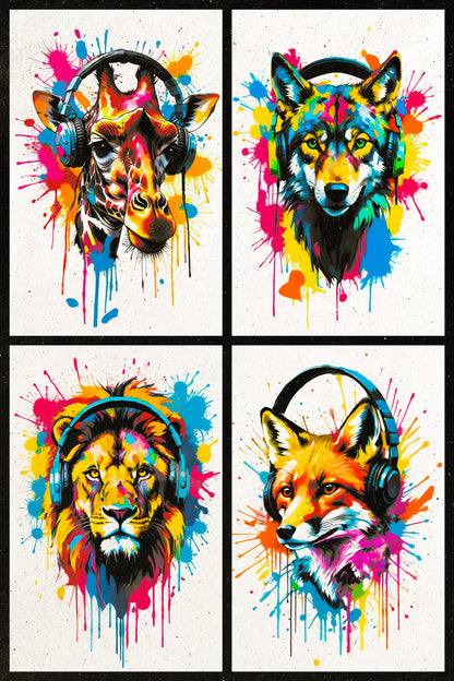 4 Set Animals In Headphones Giraffe Wolf Lion Fox Abstract Colorful Art Poster